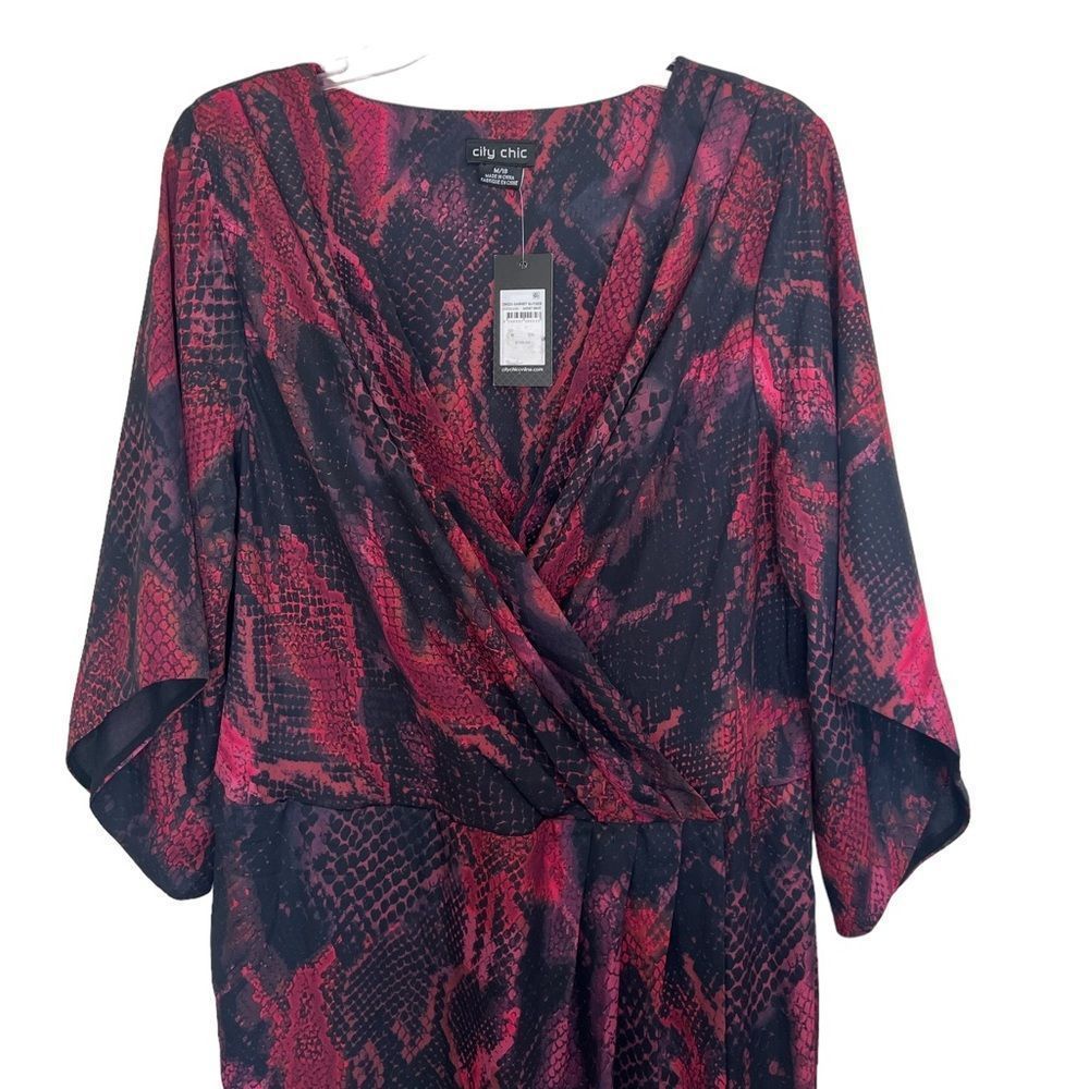 City Chic Red/Black Garnet Slither Tie-Waist Party Faux Wrap Dress Size 18W NWT